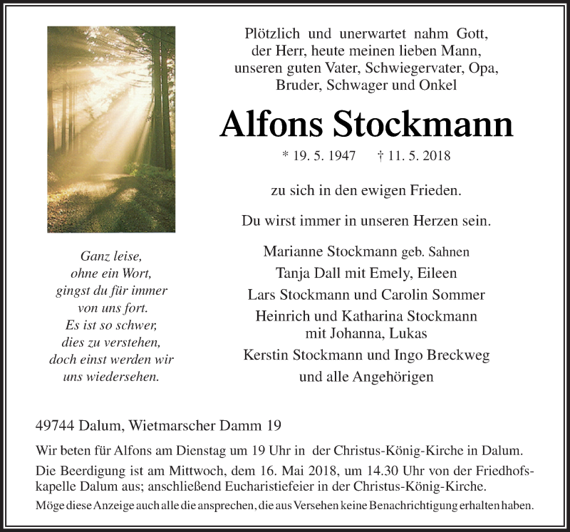  Traueranzeige für Alfons Stockmann vom 14.05.2018 aus Neue Osnabrücker Zeitung GmbH & Co. KG
