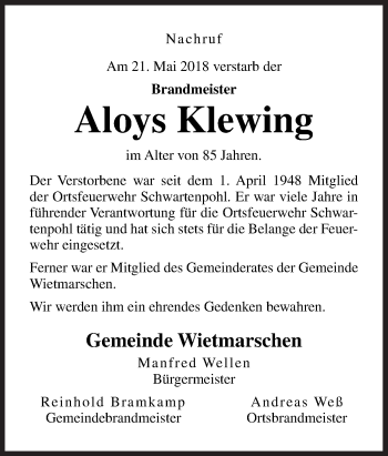 Traueranzeige von Aloys Klewing von Neue Osnabrücker Zeitung GmbH & Co. KG