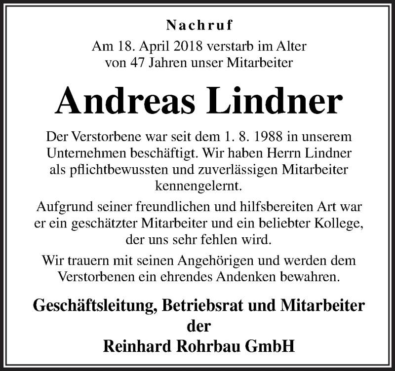  Traueranzeige für Andreas Lindner vom 15.05.2018 aus Neue Osnabrücker Zeitung GmbH & Co. KG