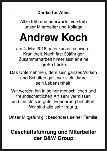 Traueranzeige von Andrew Koch von Neue Osnabrücker Zeitung GmbH & Co. KG