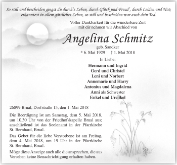 Traueranzeige von Angefina Schmitz von Neue Osnabrücker Zeitung GmbH & Co. KG