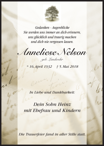 Traueranzeige von Anneliese Nelson von Neue Osnabrücker Zeitung GmbH & Co. KG