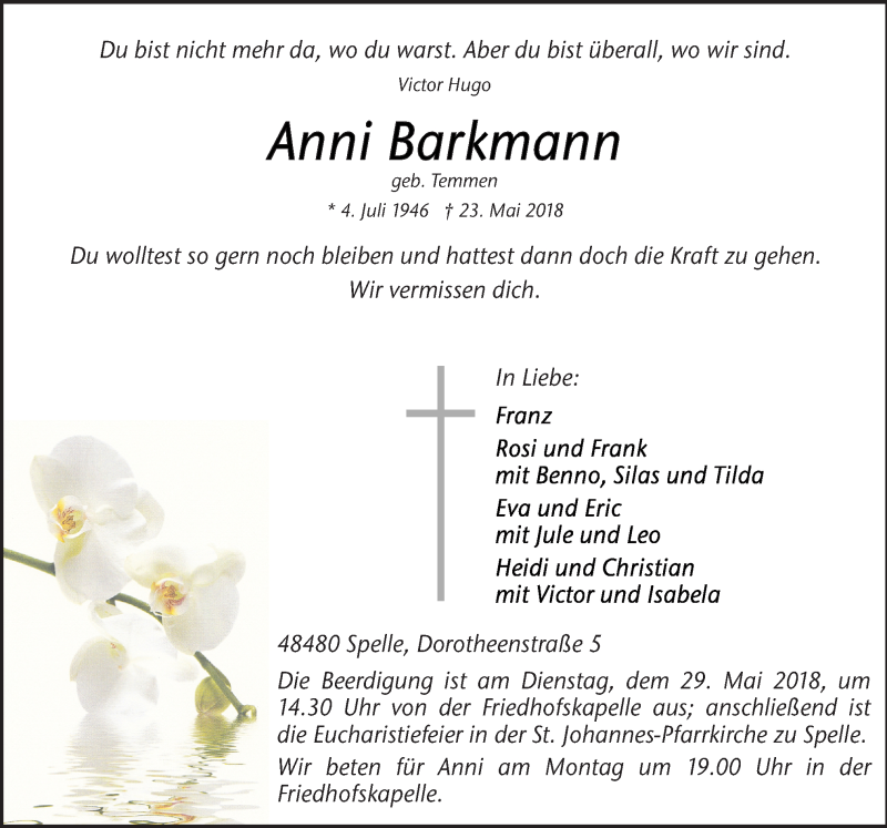  Traueranzeige für Anni Barkmann vom 25.05.2018 aus Neue Osnabrücker Zeitung GmbH & Co. KG