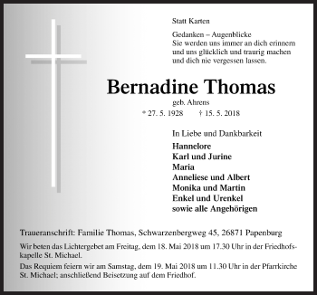 Traueranzeige von Bernadine Thomas von Neue Osnabrücker Zeitung GmbH & Co. KG