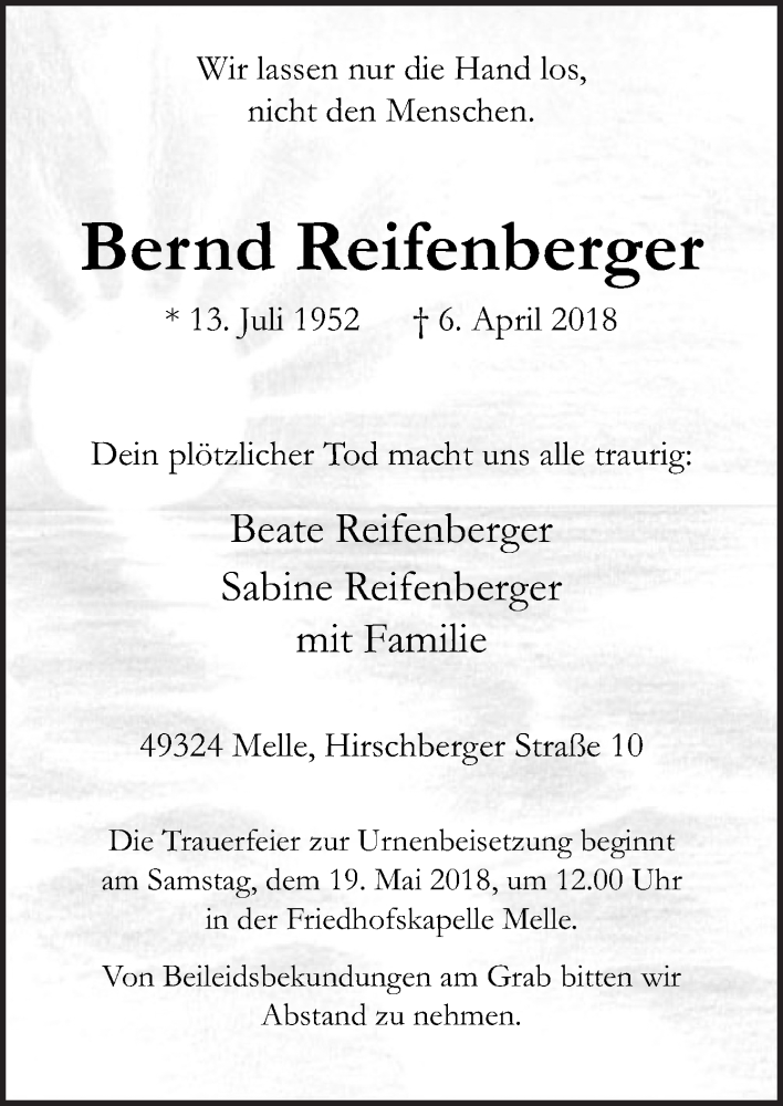 Traueranzeige für Bernd Reifenberger vom 16.05.2018 aus Neue Osnabrücker Zeitung GmbH & Co. KG