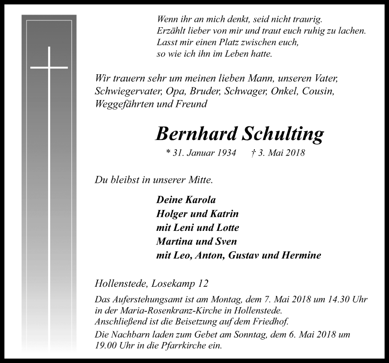  Traueranzeige für Bernhard Schulting vom 04.05.2018 aus Neue Osnabrücker Zeitung GmbH & Co. KG