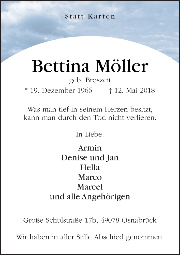  Traueranzeige für Bettina Möller vom 19.05.2018 aus Neue Osnabrücker Zeitung GmbH & Co. KG