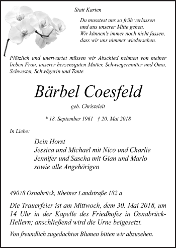 Traueranzeige von Bärbel Coesfeld von Neue Osnabrücker Zeitung GmbH & Co. KG