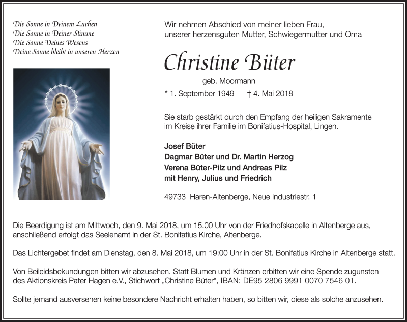  Traueranzeige für Christine Büter vom 07.05.2018 aus Neue Osnabrücker Zeitung GmbH & Co. KG