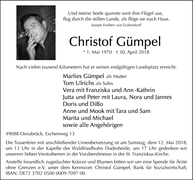  Traueranzeige für Christof Gümpel vom 05.05.2018 aus Neue Osnabrücker Zeitung GmbH & Co. KG