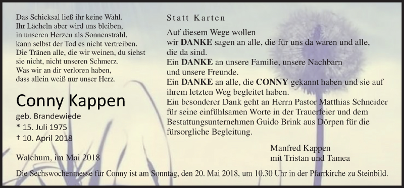  Traueranzeige für Conny Kappen vom 17.05.2018 aus Neue Osnabrücker Zeitung GmbH & Co. KG