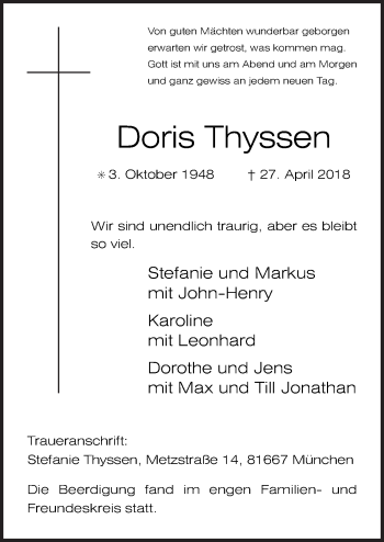 Traueranzeige von Doris Thyssen von Neue Osnabrücker Zeitung GmbH & Co. KG