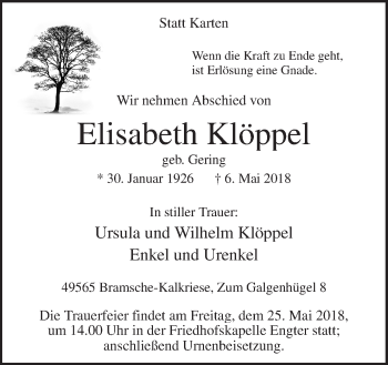 Traueranzeige von Elisabeth Klöppel von Neue Osnabrücker Zeitung GmbH & Co. KG