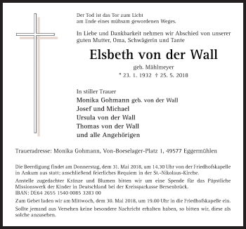 Traueranzeige von Elsbeth von der Wall von Neue Osnabrücker Zeitung GmbH & Co. KG