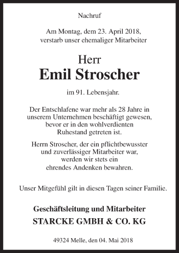 Traueranzeige von Emil Stroscher von Neue Osnabrücker Zeitung GmbH & Co. KG