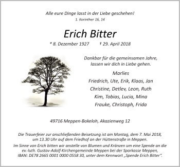 Traueranzeige von Erich Bitter von Neue Osnabrücker Zeitung GmbH & Co. KG