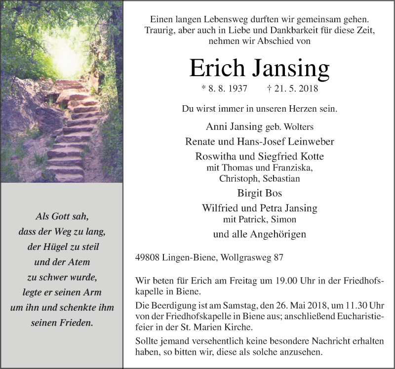  Traueranzeige für Erich Jansing vom 23.05.2018 aus Neue Osnabrücker Zeitung GmbH & Co. KG