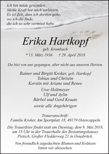 Traueranzeige von Erika Hartkopf von Neue Osnabrücker Zeitung GmbH & Co. KG