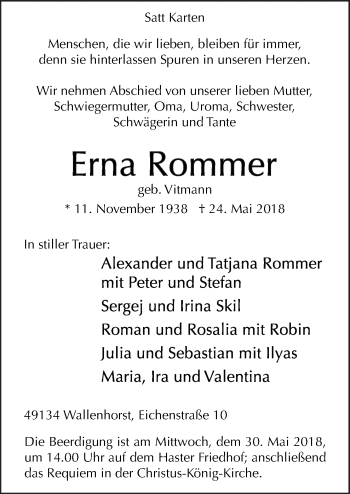 Traueranzeige von Erna Rommer von Neue Osnabrücker Zeitung GmbH & Co. KG