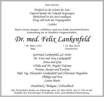 Traueranzeige von Felix Lankenfeld von Neue Osnabrücker Zeitung GmbH & Co. KG