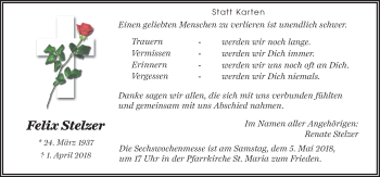 Traueranzeige von Felix Stelzer von Neue Osnabrücker Zeitung GmbH & Co. KG