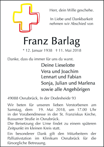 Traueranzeige von Franz Barlag von Neue Osnabrücker Zeitung GmbH & Co. KG
