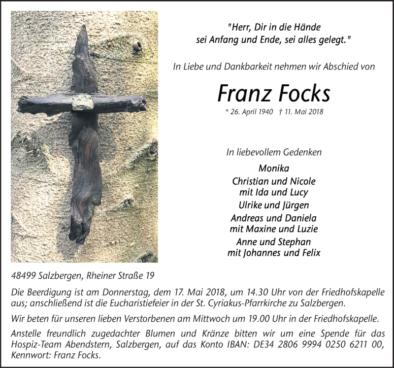  Traueranzeige für Franz Focks vom 14.05.2018 aus Neue Osnabrücker Zeitung GmbH & Co. KG