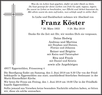 Traueranzeige von Franz Köster von Neue Osnabrücker Zeitung GmbH & Co. KG