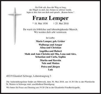 Traueranzeige von Franz Lemper von Neue Osnabrücker Zeitung GmbH & Co. KG