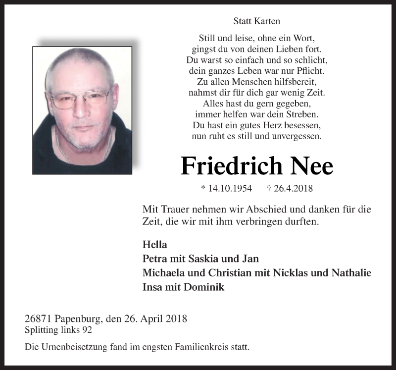  Traueranzeige für Friedrich Nee vom 09.05.2018 aus Neue Osnabrücker Zeitung GmbH & Co. KG