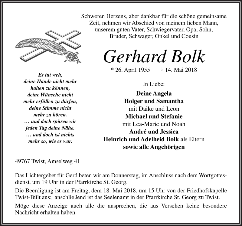  Traueranzeige für Gerhard Bolk vom 16.05.2018 aus Neue Osnabrücker Zeitung GmbH & Co. KG