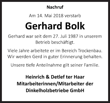 Traueranzeige von Gerhard Bolk von Neue Osnabrücker Zeitung GmbH & Co. KG