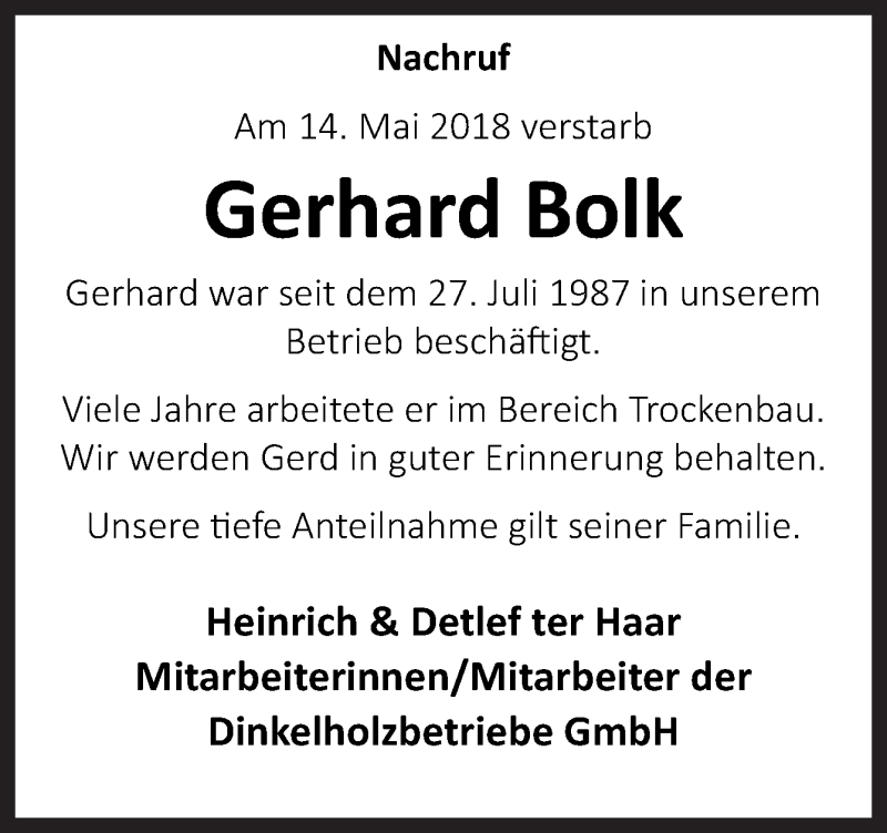  Traueranzeige für Gerhard Bolk vom 18.05.2018 aus Neue Osnabrücker Zeitung GmbH & Co. KG