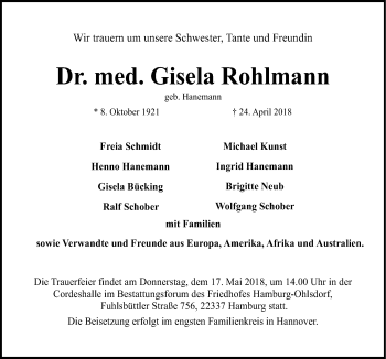 Traueranzeige von Gisela Rohlmann von Neue Osnabrücker Zeitung GmbH & Co. KG