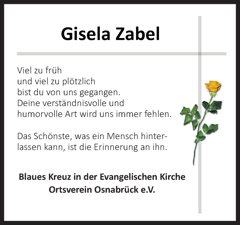  Traueranzeige für Gisela Zabel vom 19.05.2018 aus Neue Osnabrücker Zeitung GmbH & Co. KG