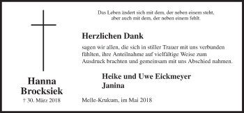 Traueranzeige von Hanna Brocksiek von Neue Osnabrücker Zeitung GmbH & Co. KG