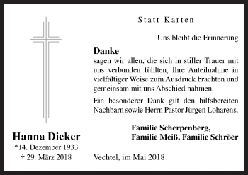 Traueranzeige von Hanna Dieker von Neue Osnabrücker Zeitung GmbH & Co. KG