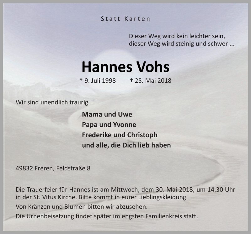  Traueranzeige für Hannes Vohs vom 29.05.2018 aus Neue Osnabrücker Zeitung GmbH & Co. KG