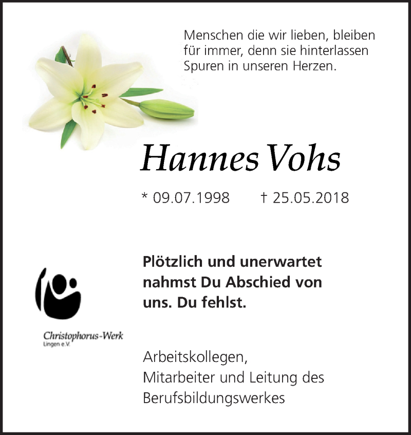  Traueranzeige für Hannes Vohs vom 31.05.2018 aus Neue Osnabrücker Zeitung GmbH & Co. KG