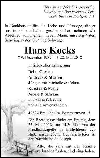 Traueranzeige von Hans Kocks von Neue Osnabrücker Zeitung GmbH & Co. KG