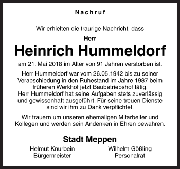 Traueranzeige von Heinrich Hummeldorf von Neue Osnabrücker Zeitung GmbH & Co. KG