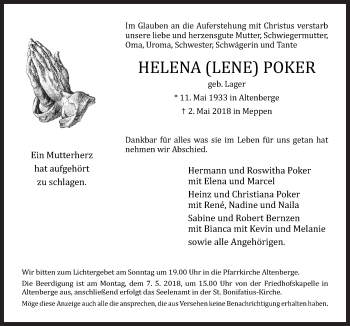 Traueranzeige von Helena Poker von Neue Osnabrücker Zeitung GmbH & Co. KG