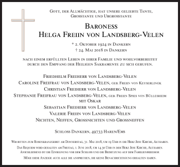 Traueranzeige von Helga Baroness Freiin von Landsberg-Velen von Neue Osnabrücker Zeitung GmbH & Co. KG
