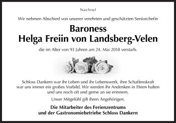 Traueranzeige von Helga Freiin von Landsberg-Velen von Neue Osnabrücker Zeitung GmbH & Co. KG