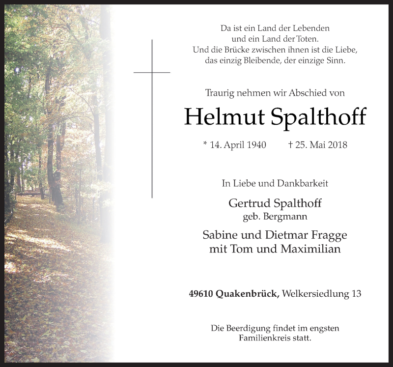  Traueranzeige für Helmut Spalthoff vom 29.05.2018 aus Neue Osnabrücker Zeitung GmbH & Co. KG
