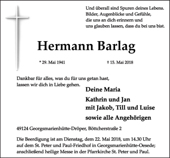 Traueranzeige von Hermann Barlag von Neue Osnabrücker Zeitung GmbH & Co. KG