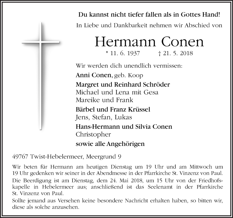  Traueranzeige für Hermann Conen vom 22.05.2018 aus Neue Osnabrücker Zeitung GmbH & Co. KG