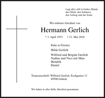 Traueranzeige von Hermann Gerlich von Neue Osnabrücker Zeitung GmbH & Co. KG