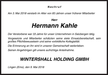 Traueranzeige von Hermann Kahle von Neue Osnabrücker Zeitung GmbH & Co. KG