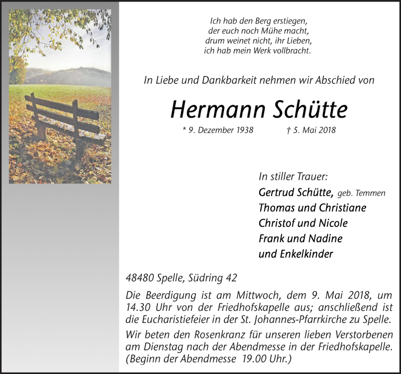  Traueranzeige für Hermann Schütte vom 07.05.2018 aus Neue Osnabrücker Zeitung GmbH & Co. KG